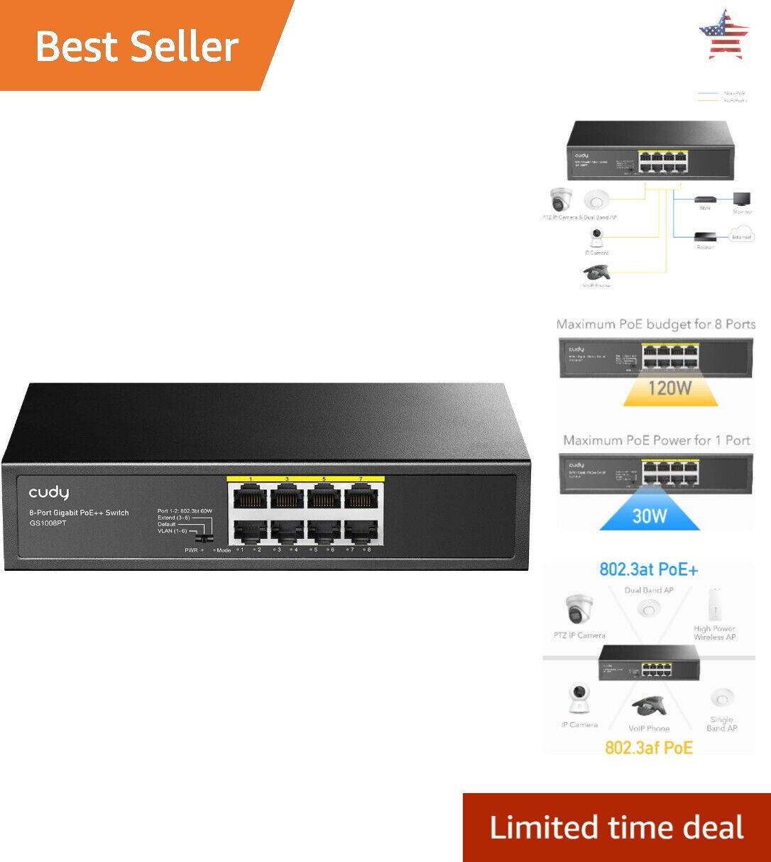 Gigabit PoE+ Switch - 8 Ports, 120W, VLAN, Extend to 250 Meters, Plug and Play