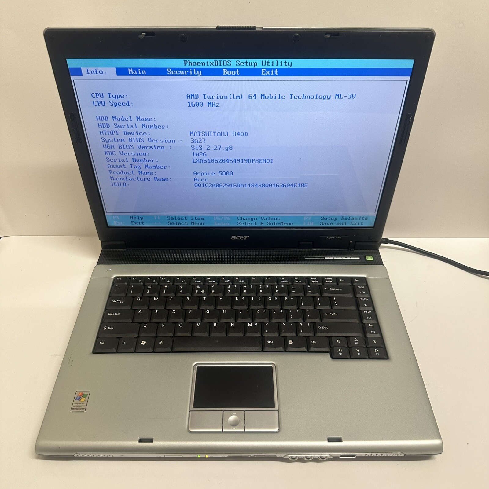 Acer Aspire 5000 Laptop 15.4” AMD Turion 64 512MB RAM No HDD - Read Description