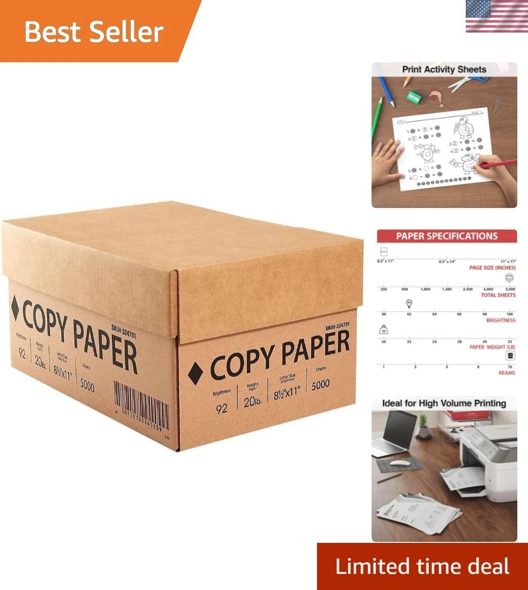 Bulk Printer Paper - 5000 Sheets of 92 Brightness, 20 lb, 8.5x11 Inches – White