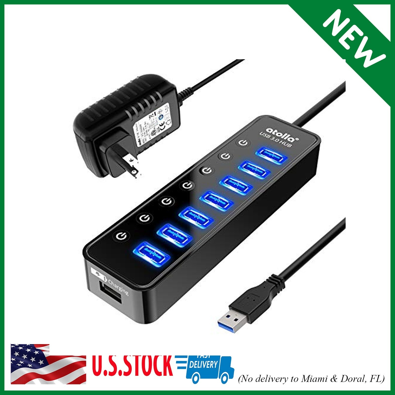 Powered USB Hub 3.0, Atolla 7-Port USB Data Hub Splitter with One Smart Charg...