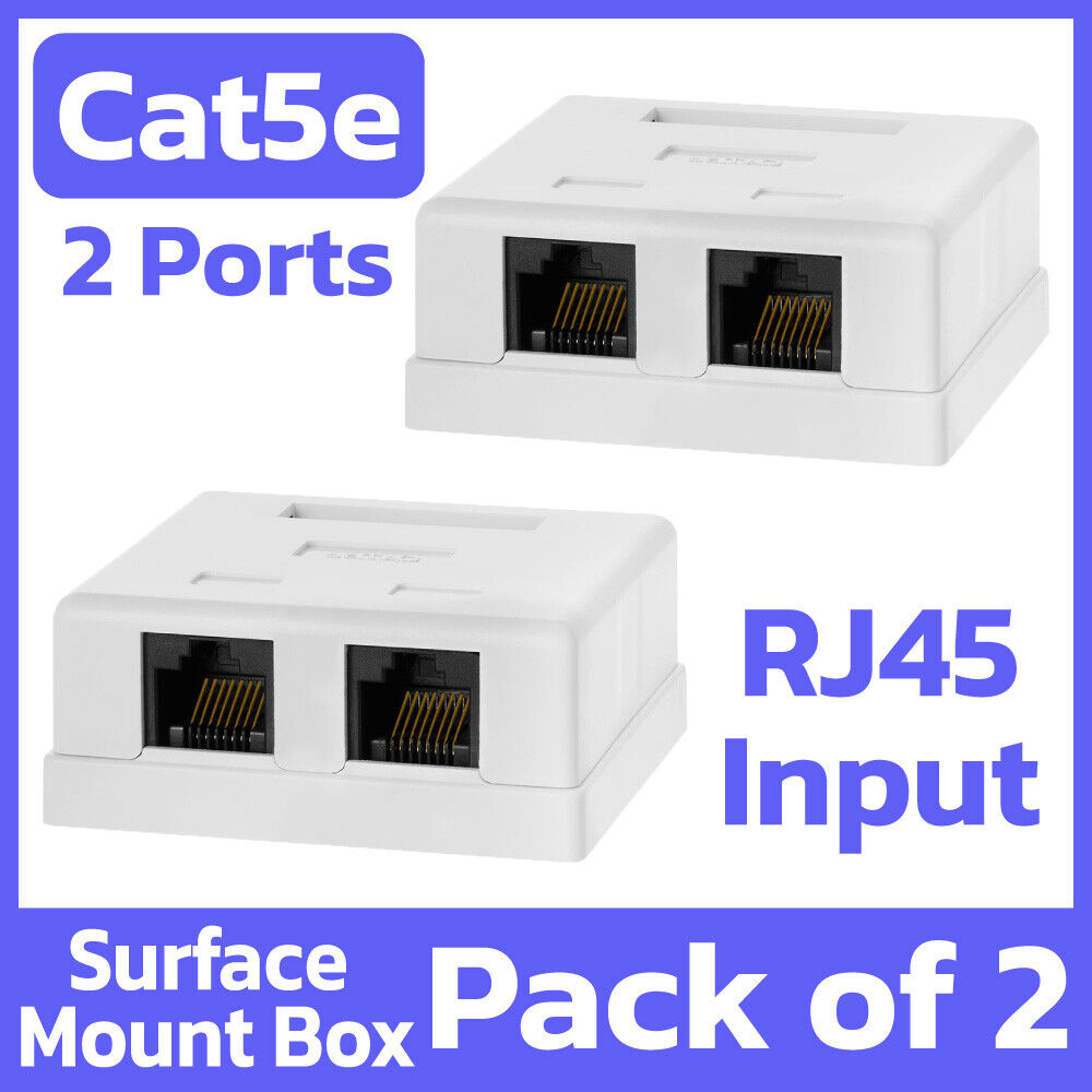 2 Pack RJ45 Surface Mount Box 2 Port Wall Mount Cat5e Ethernet Connector - White