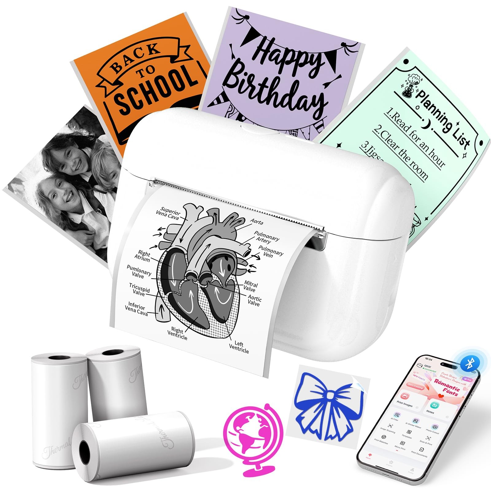 Memoking Mini Sticker Printer, Q02E Inkless Portable Sticker Maker Machine