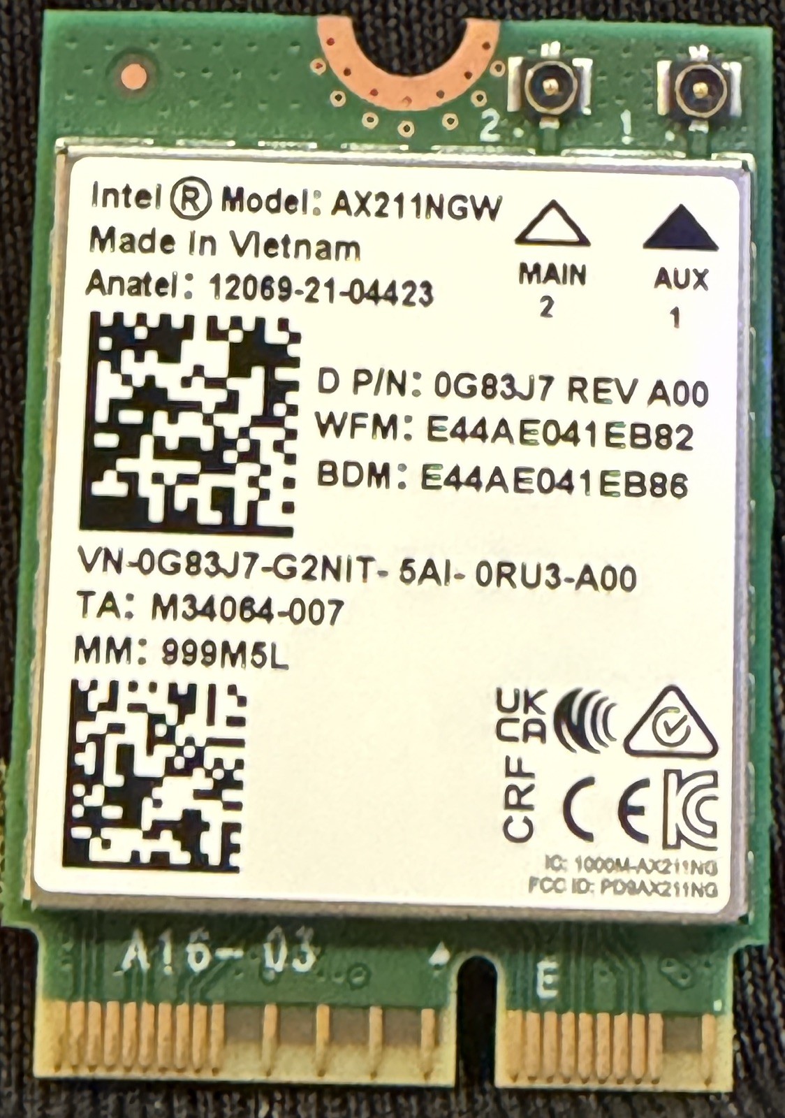 Intel AX211 WIFI 6E CNVio2 w/Tri Band 2.4 5 & 6GHz AX211NGW 2.4Gbps no vPro