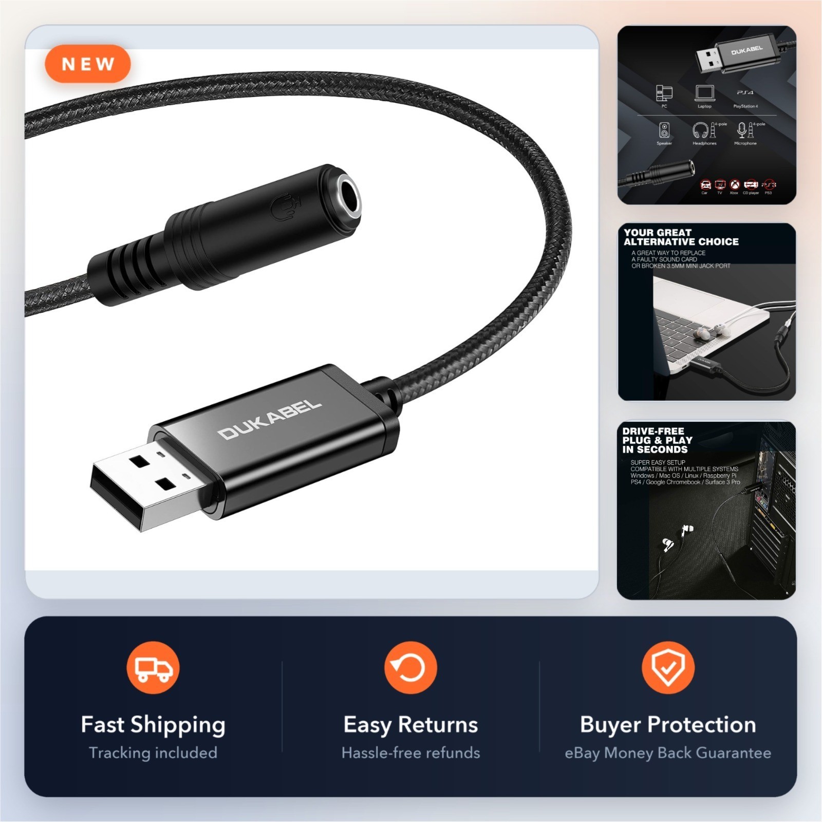 DUKABEL USB External Sound Card Adapter for PC PS4 PS5 Laptop 3.5mm Headphone