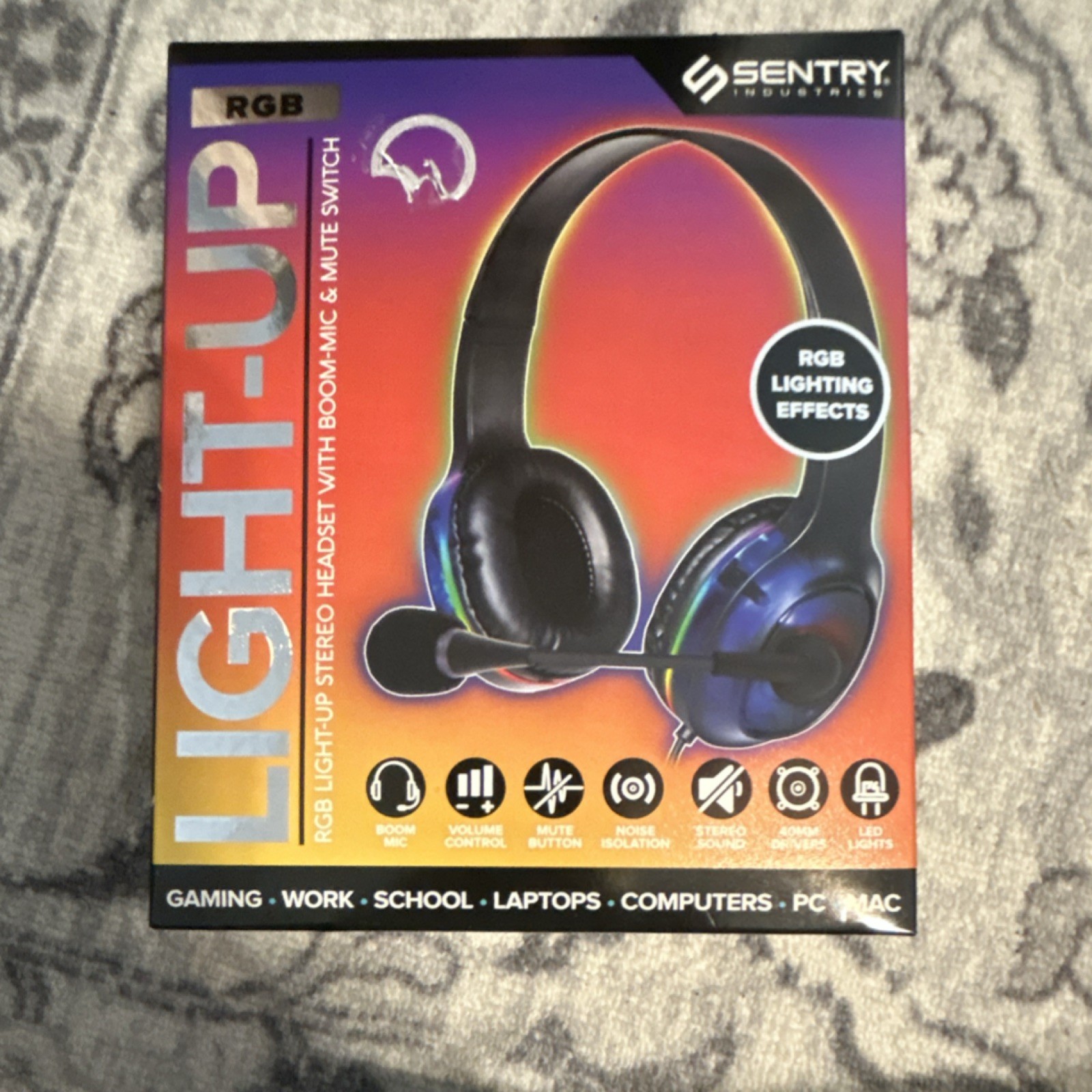 Sentry Industries RGB Stereo Headset Light-Up Transparent Boom Mic 3.5mm USB