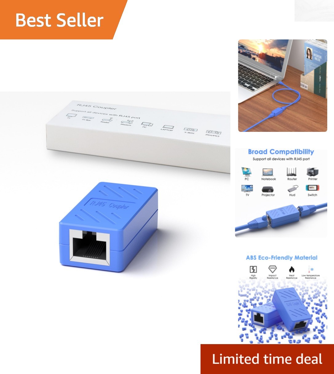 High-Speed RJ45 Female to Female Ethernet Coupler for Cat7/Cat6/Cat5 - Blue
