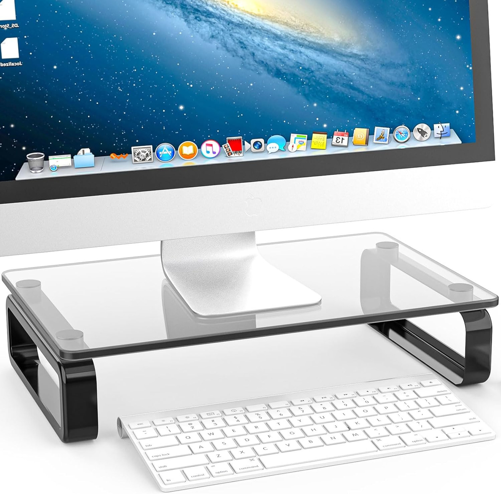 Computer Monitor Stand Riser Tempered Glass Metal Legs 15x9.5 Inches Black