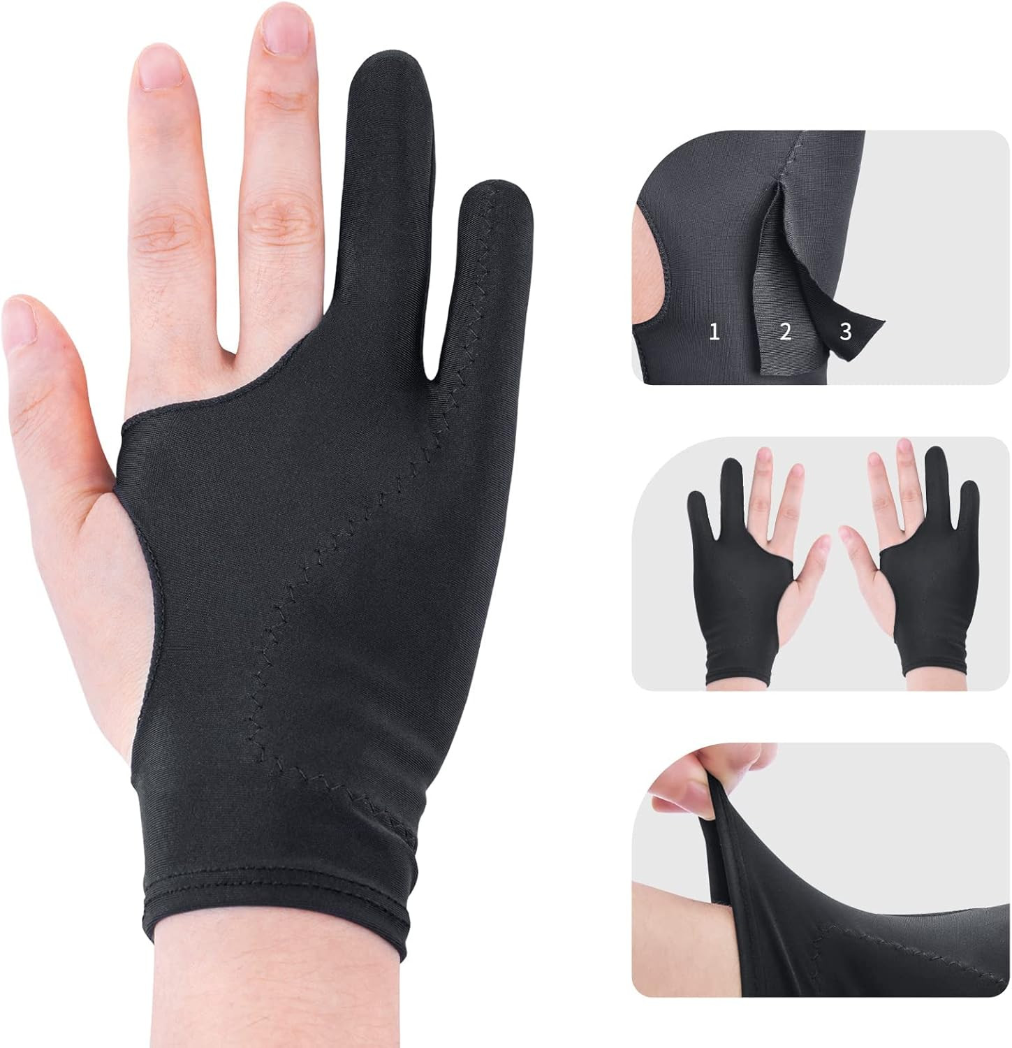 Guante de dibujo artístico de 3capas con proteccion de palma Paquete de 2 negros