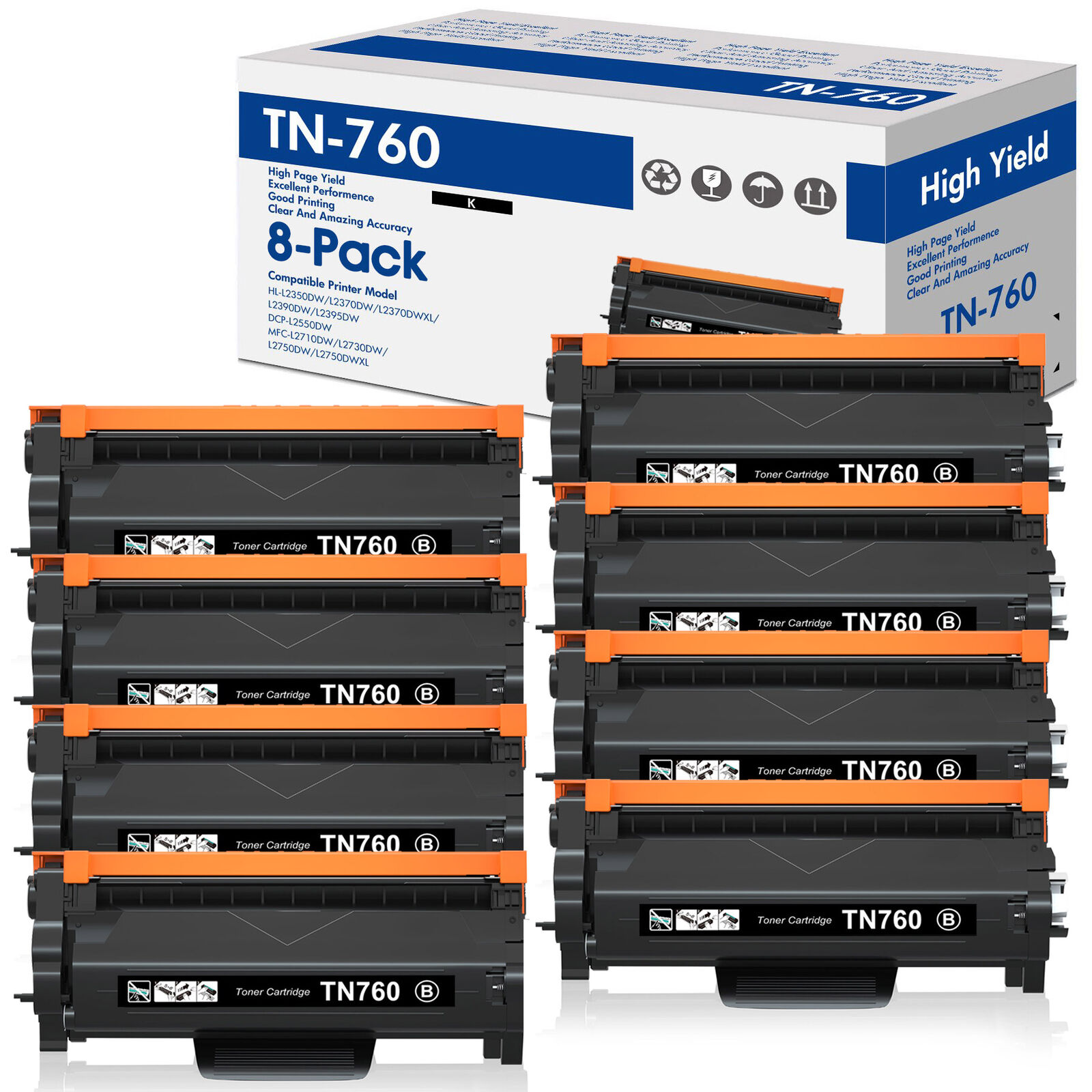 8x Toner Replacement for Brother TN760 MFC-L2750DW L2710DW DCP-L2550DW Printer
