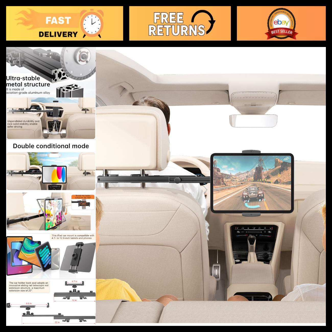 Universal Car Tablet Holder with 22" Extension Arm - Headrest Mount for 4.7-12.9