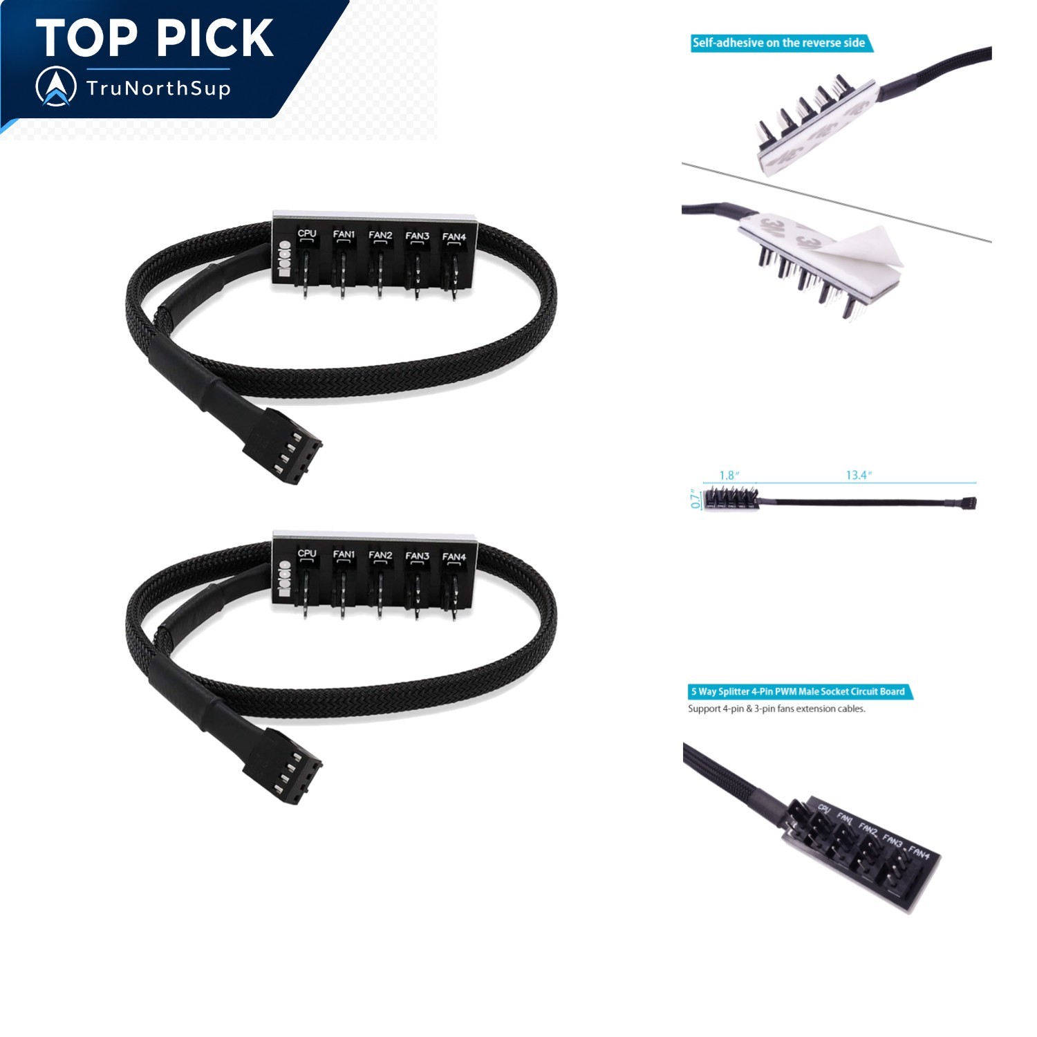 Fan Hub Splitter Extension Cable 2-Pack 1 to 5 Way 4-Pin PWM PC Fans