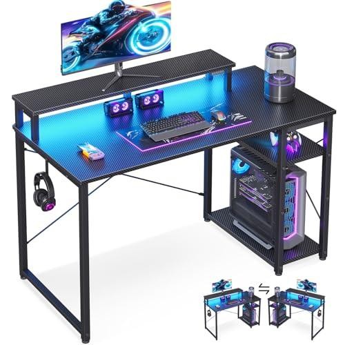 MOTPK 40 Inch Small Gaming Desk with Storage & Led Lights, Computer Desk with Sh