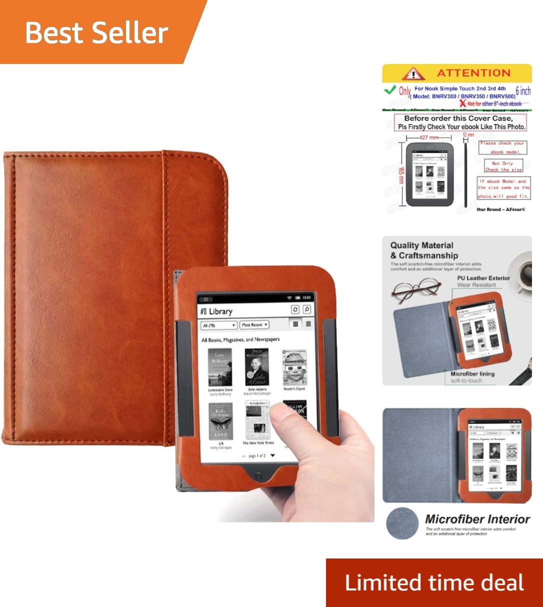 Brown Leather Cover Case for Nook Simple Touch Models BNRV300/B350/B500