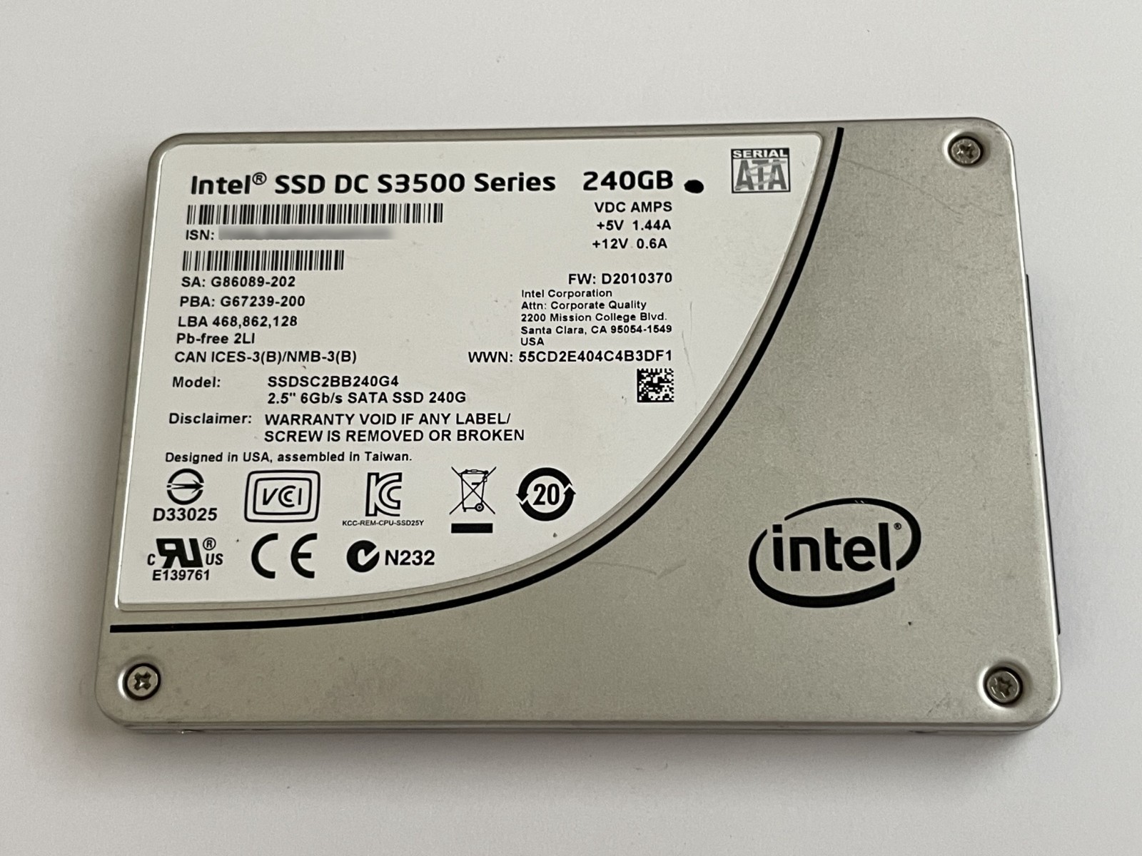 Intel 240GB DC S3500 Series 2.5" SSD SATA Solid State Drive SSDSC2BB240G4