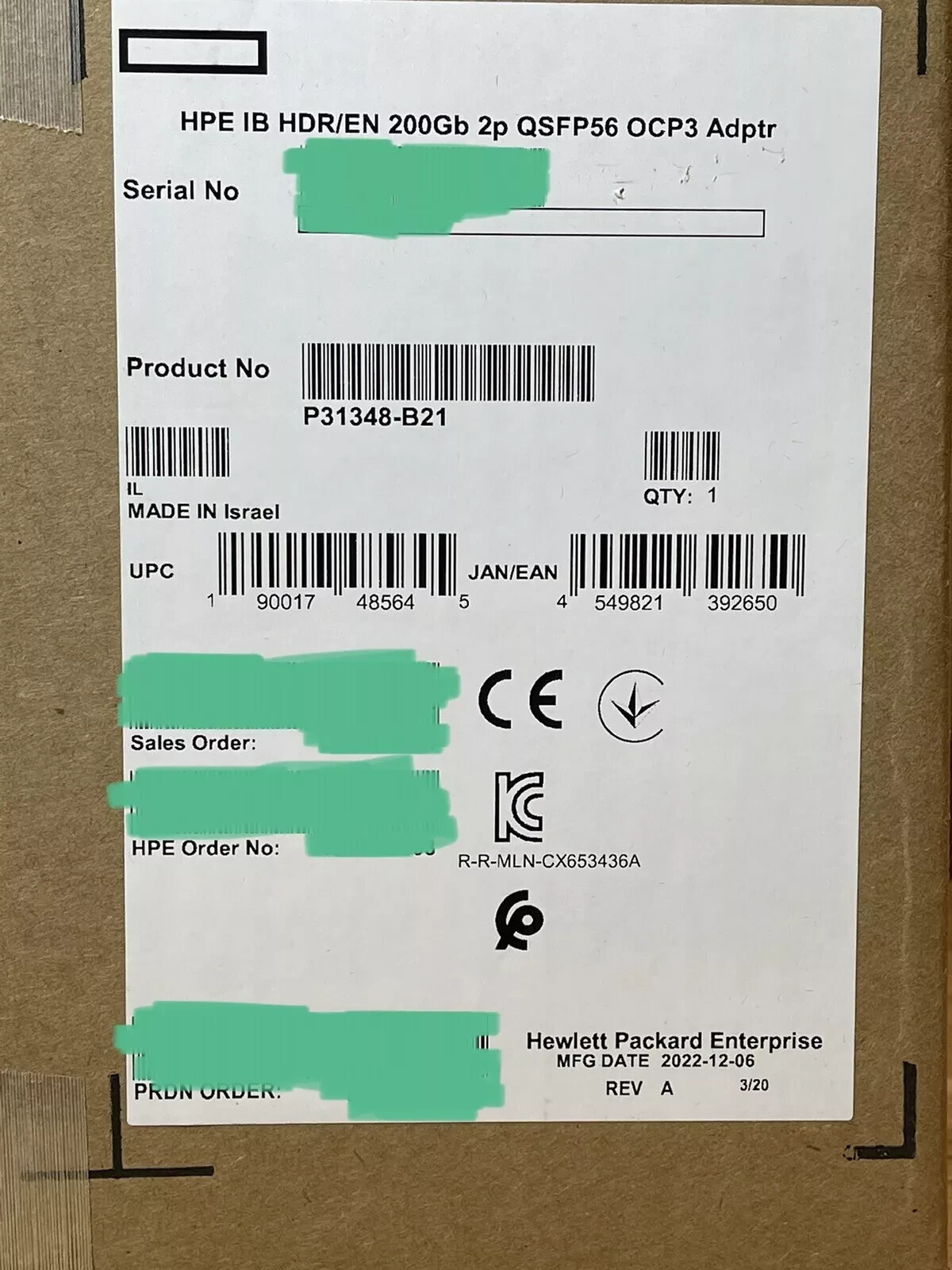 HPE 200Gb HDR QSFP56 2P OCP3 x16 Ethernet/InfiniBand Network Adapter NIC PCIe 4