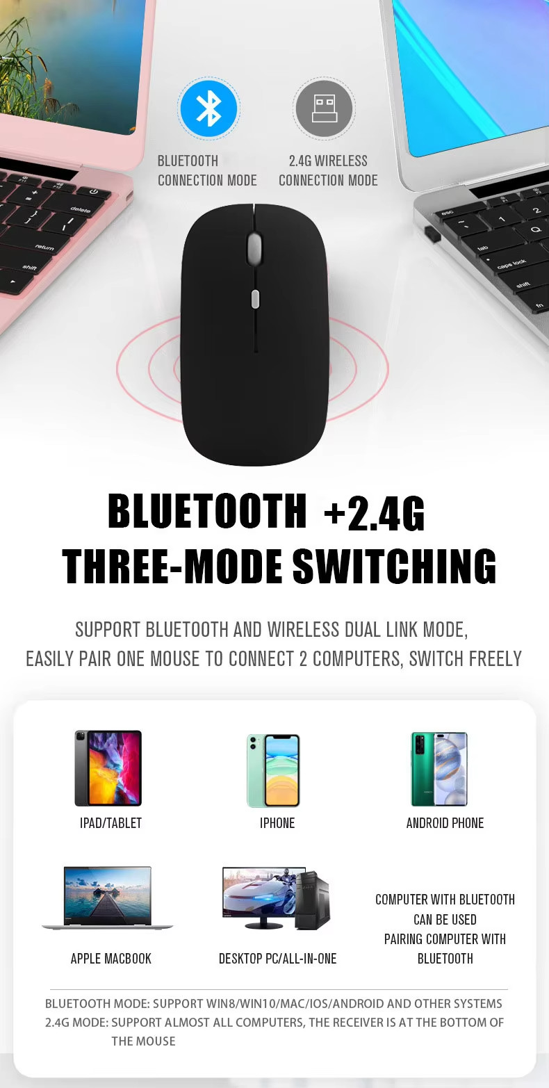Ultra Thin Wireless Mouse 2.4GHz Bluetooth 5.0 Dual Mode for Tablet Laptop Compu