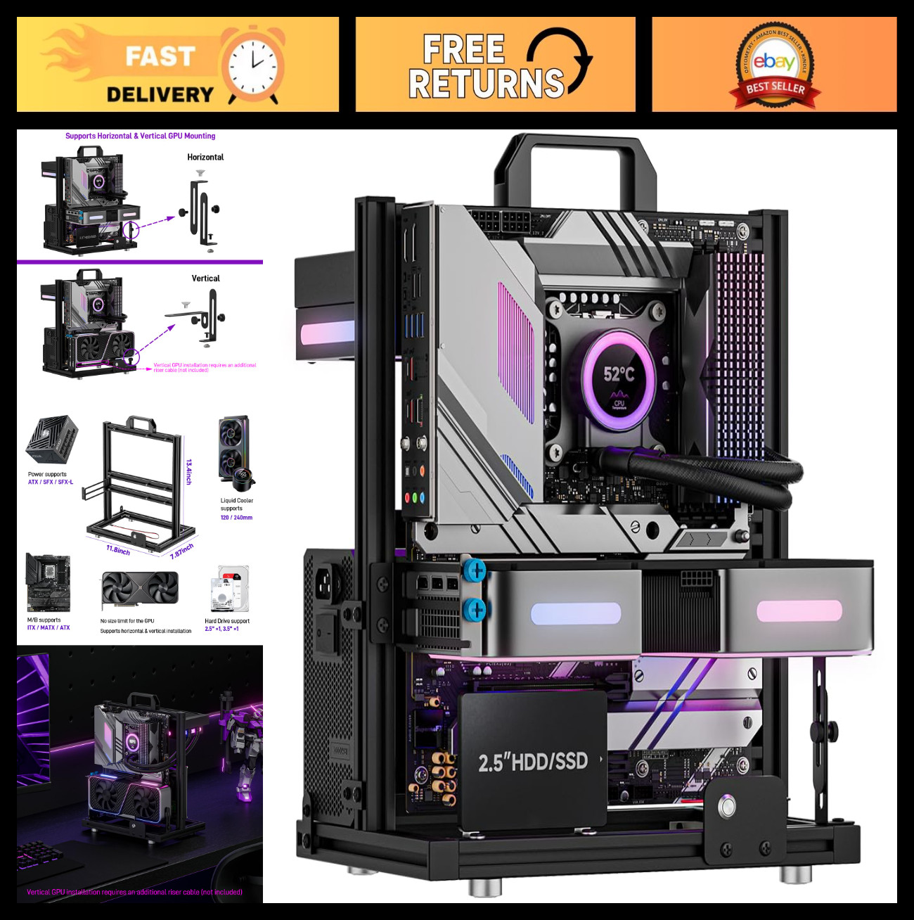 Open Air PC Test Bench Case - Open Frame Computer Chassis for Easy Access & Cool