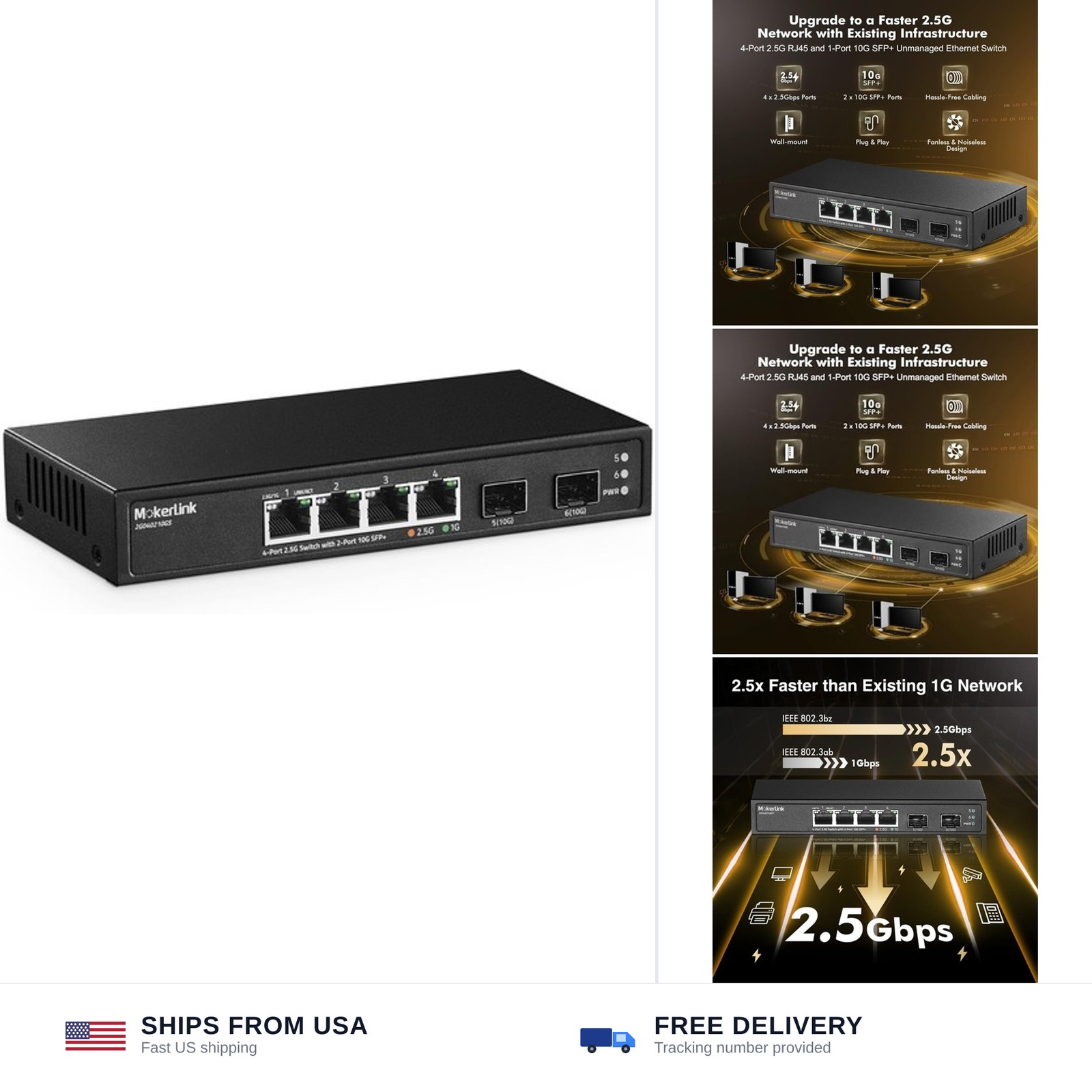 MokerLink 4 Port 2.5G Ethernet Switch with 2 Port 10G SFP+ Slot, 4 x 2.5G Bas...