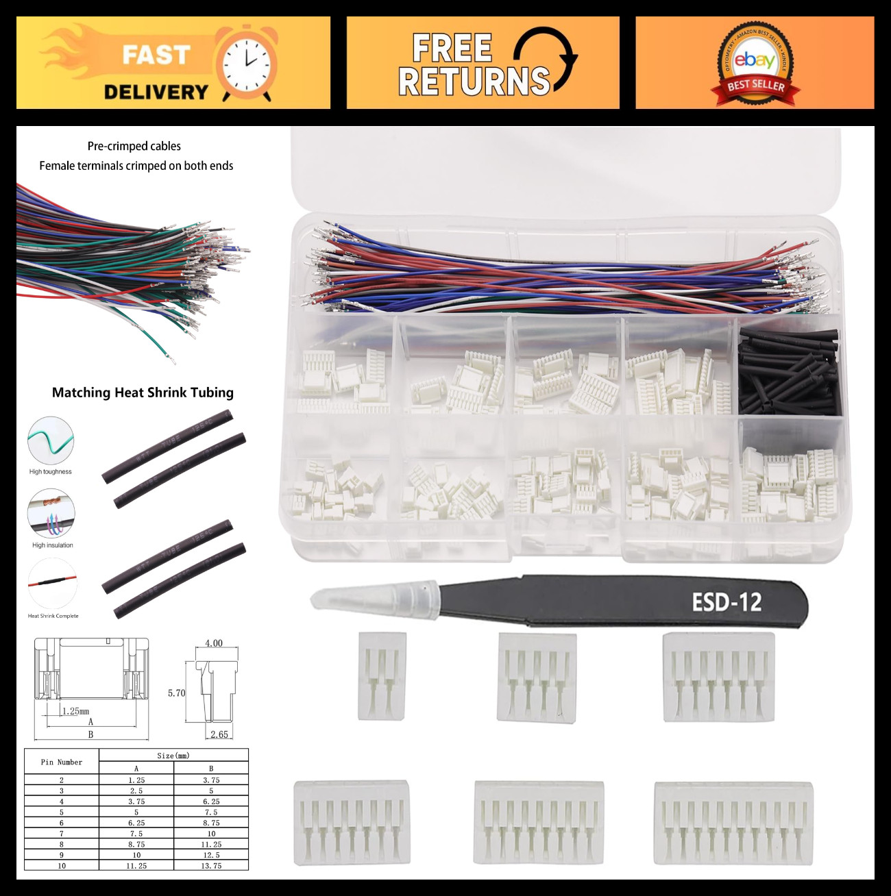 1.25mm Connector Kit with 2-10 Pin JST Housings & 28AWG Pre-Crimped Wires for DI