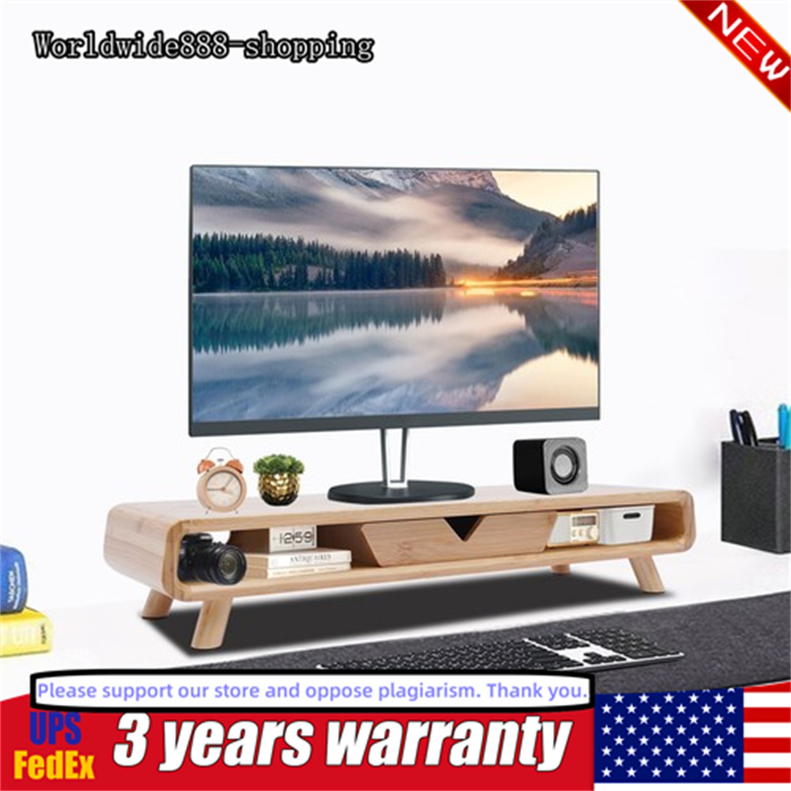 Wooden Bamboo Monitor Stand Desktop Laptop Desk 24*7.9*4.5Inch With Drawer