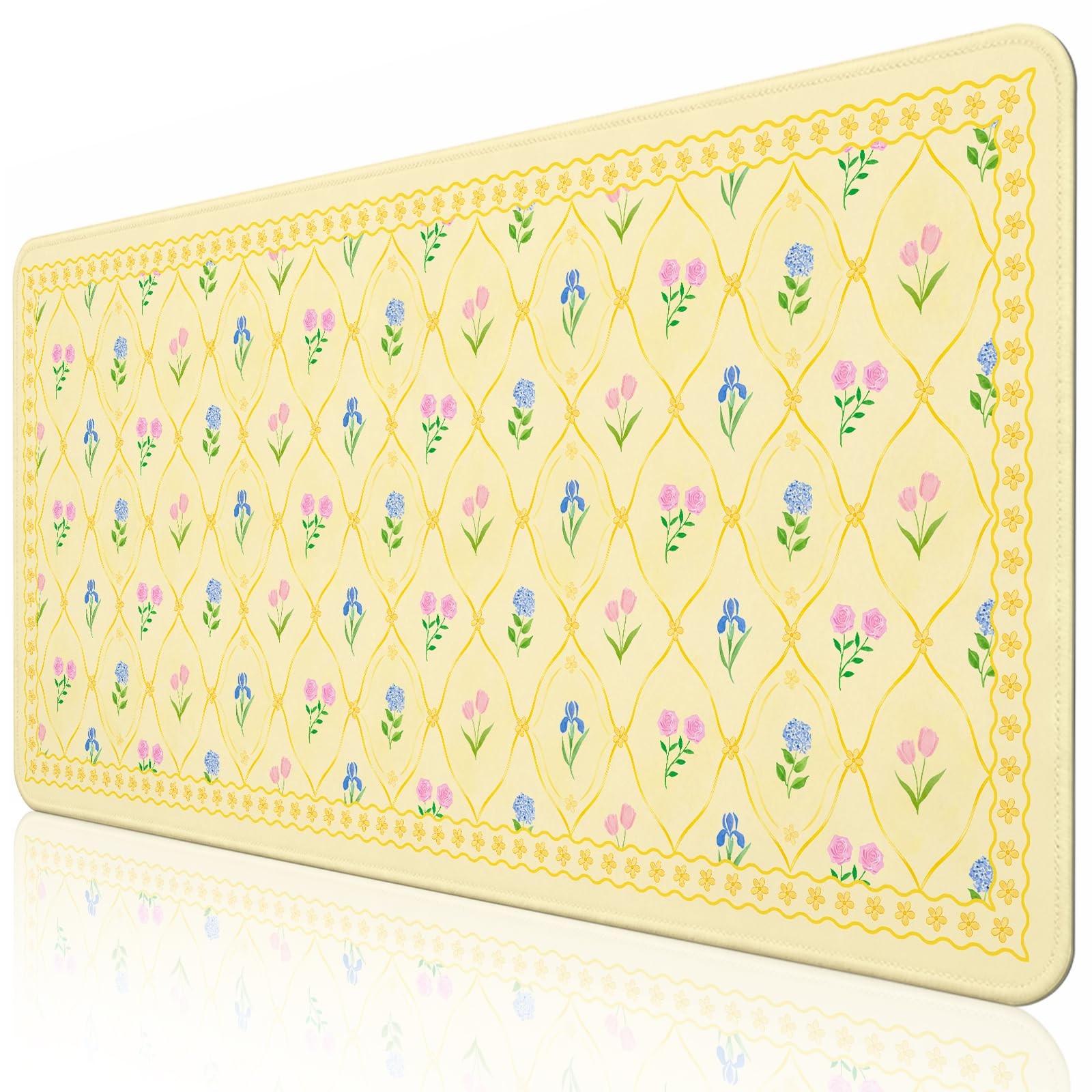 Floral Yellow Pad Large 35.4×15.7 Girly Desk Mat
