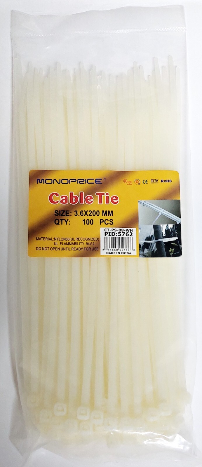 Monoprice Cable Tie 8 inches 40 lbs, 100 pcs/pack, Pale Yellow