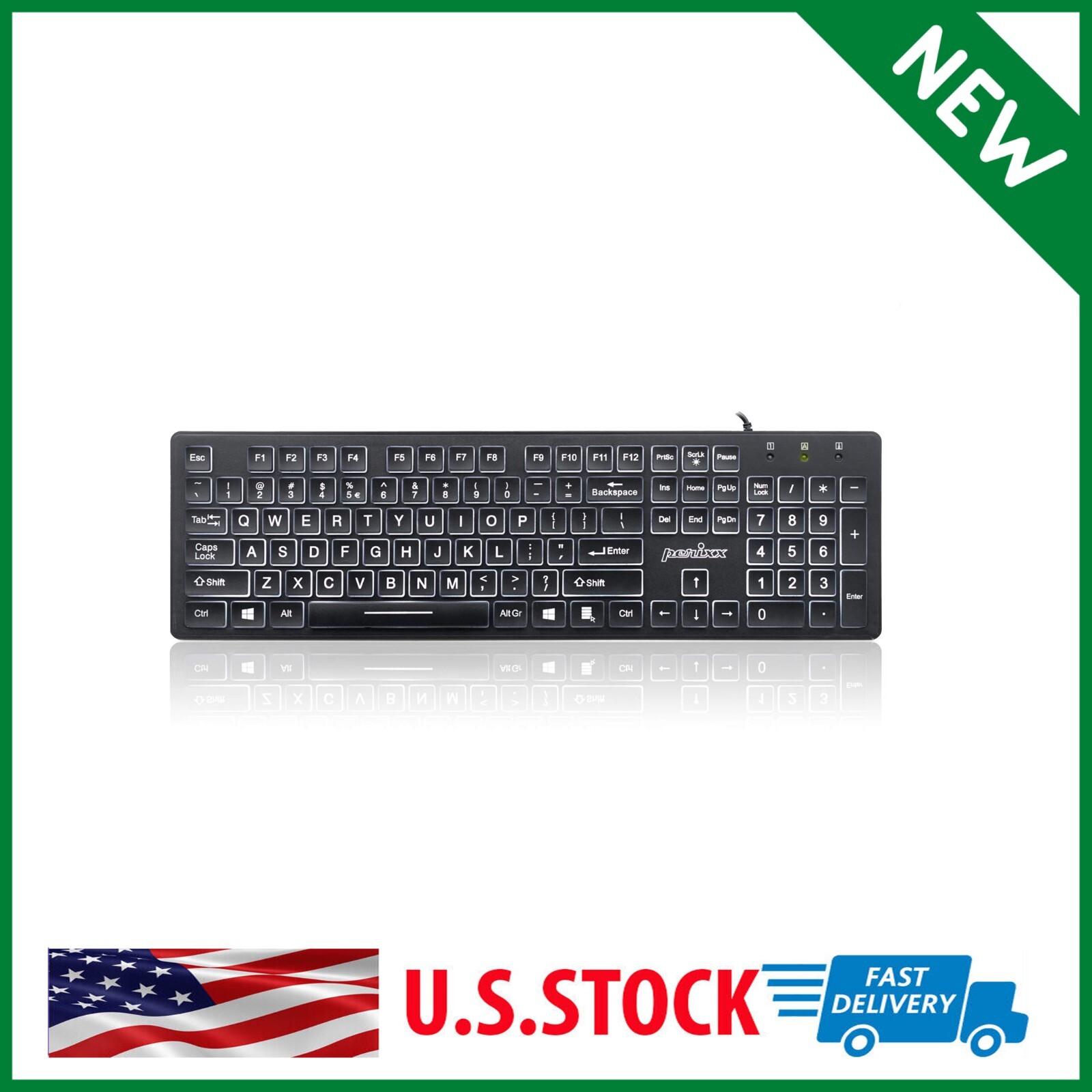 Large Print Computer Keyboard LED Lighted White Backlit Full Size Multimedia Key