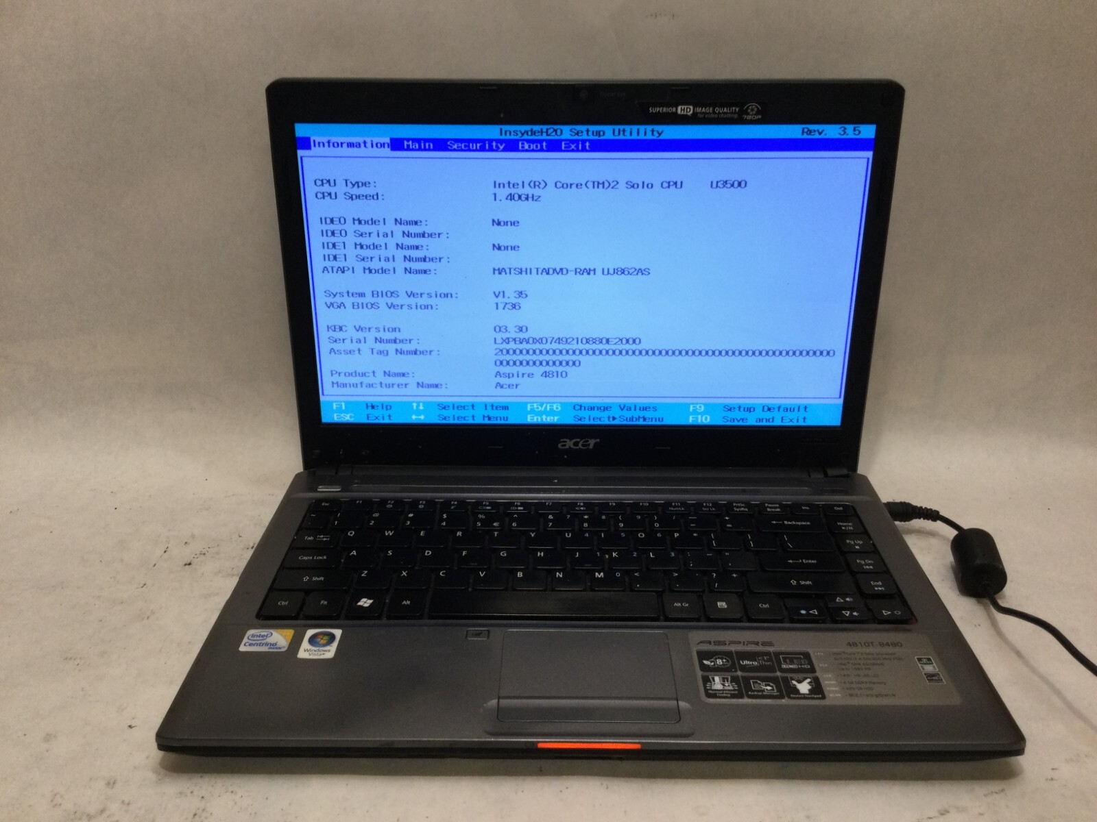 Acer Aspire 4810T-8480 14" / Intel Core 2 U3500 @ 1.40GHz / (MISSING PARTS) MR