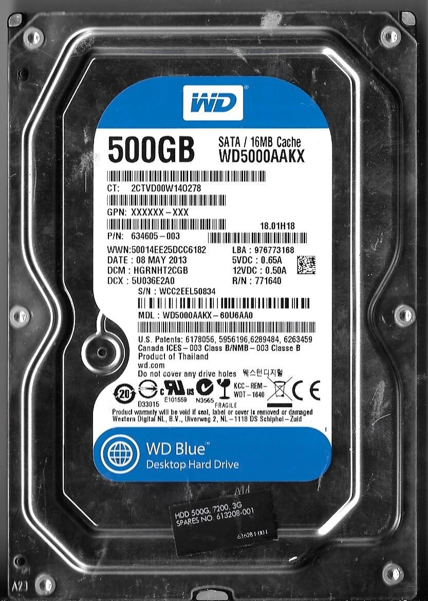 Western Digital WD5000AAKX-60U6AA0 500GB Sata Hard Drive DCM: HGRNHT2CGB