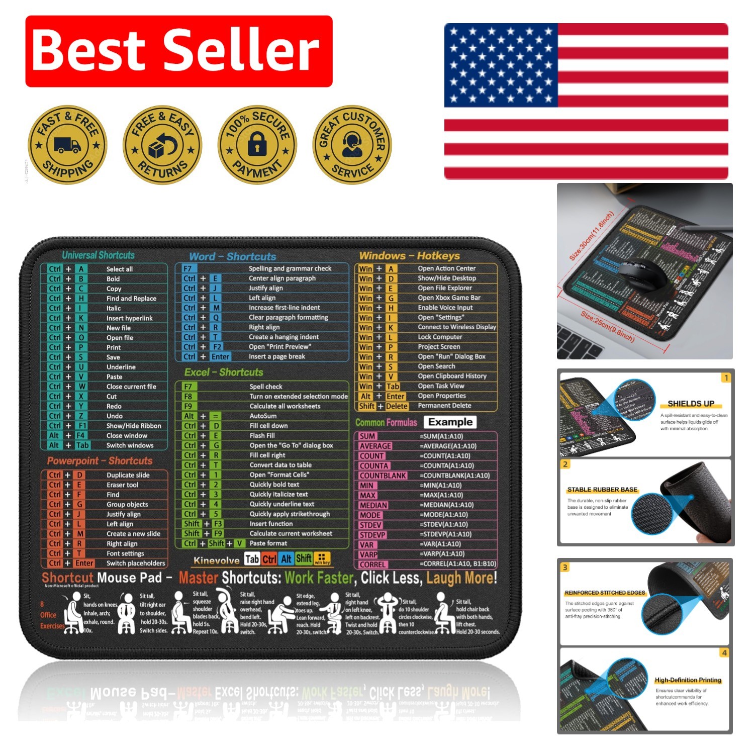 Compact Multi-Software Mouse Pad: Excel & Windows Shortcuts – Non-Slip, 11.8x9.8