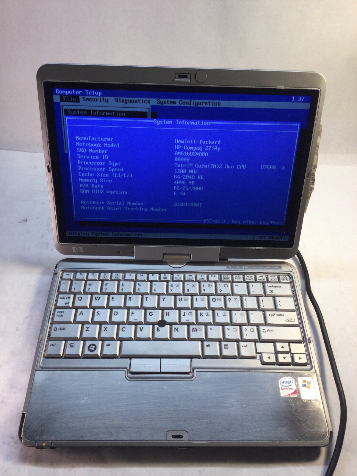 HP EliteBook 2710p 12" Tablet Intel Core 2 Duo -BOOTS TO BIOS -MZ