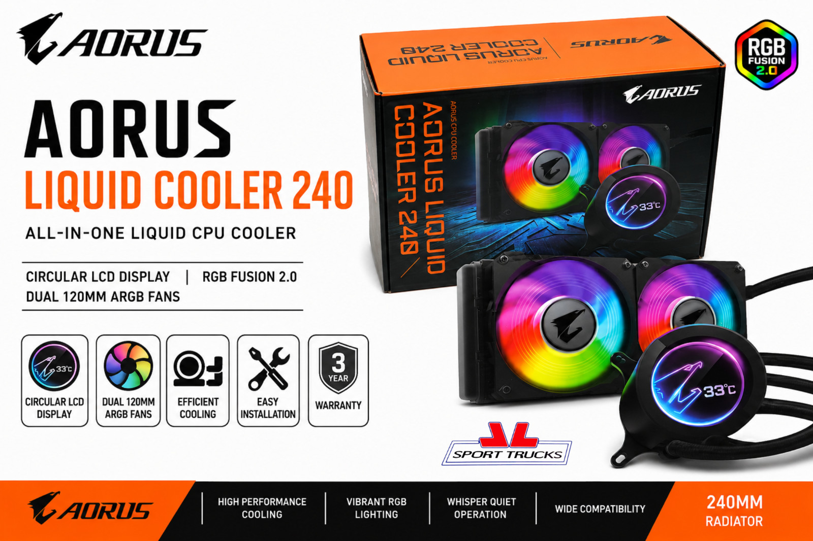 Gigabyte AORUS Liquid Cooler 240 AIO CPU Cooler LCD Display Dual 120mm ARGB
