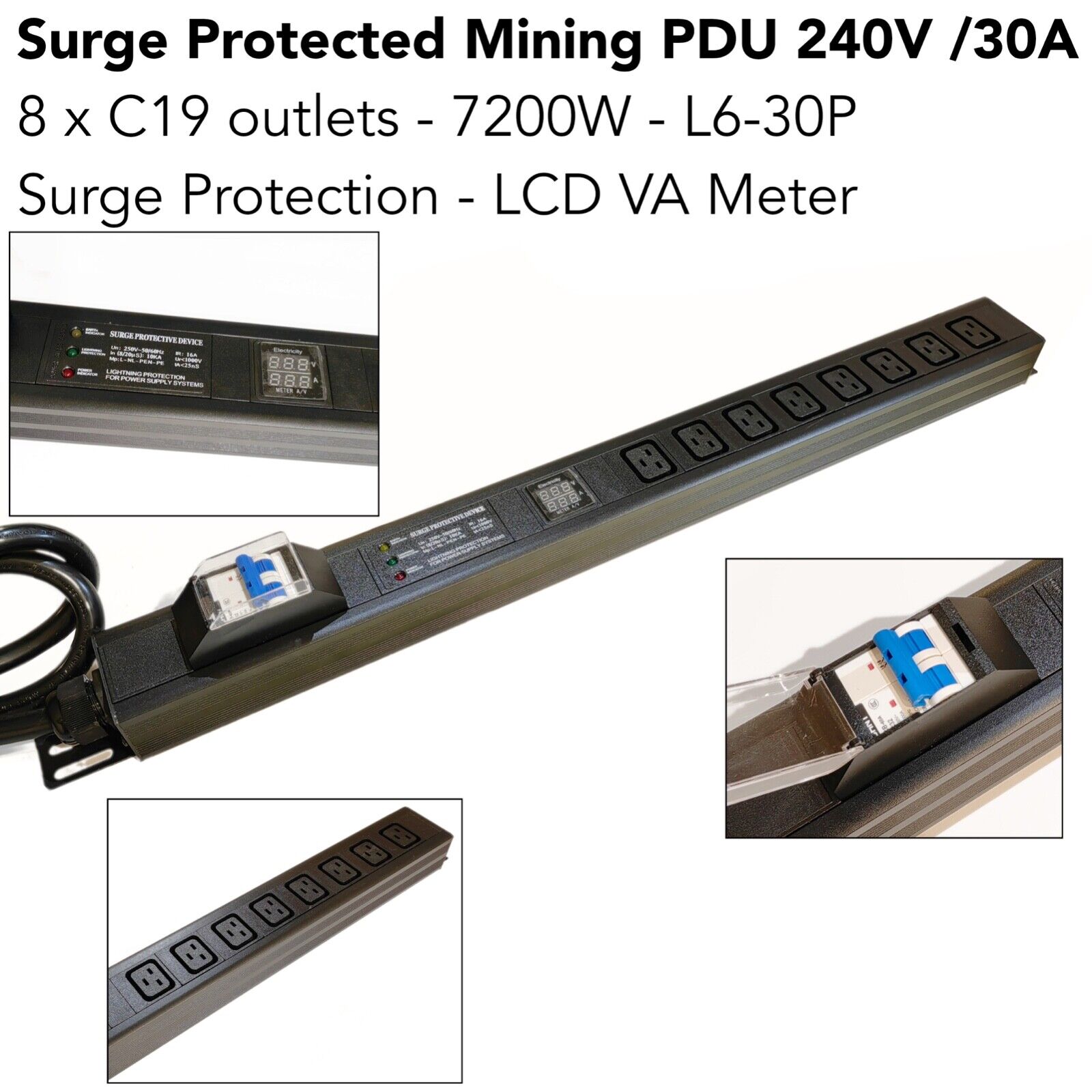 8-Port C19 PDU 240V 30A VA Meter Surge Protector L6-30P Plug For BTC Mining 1.5U
