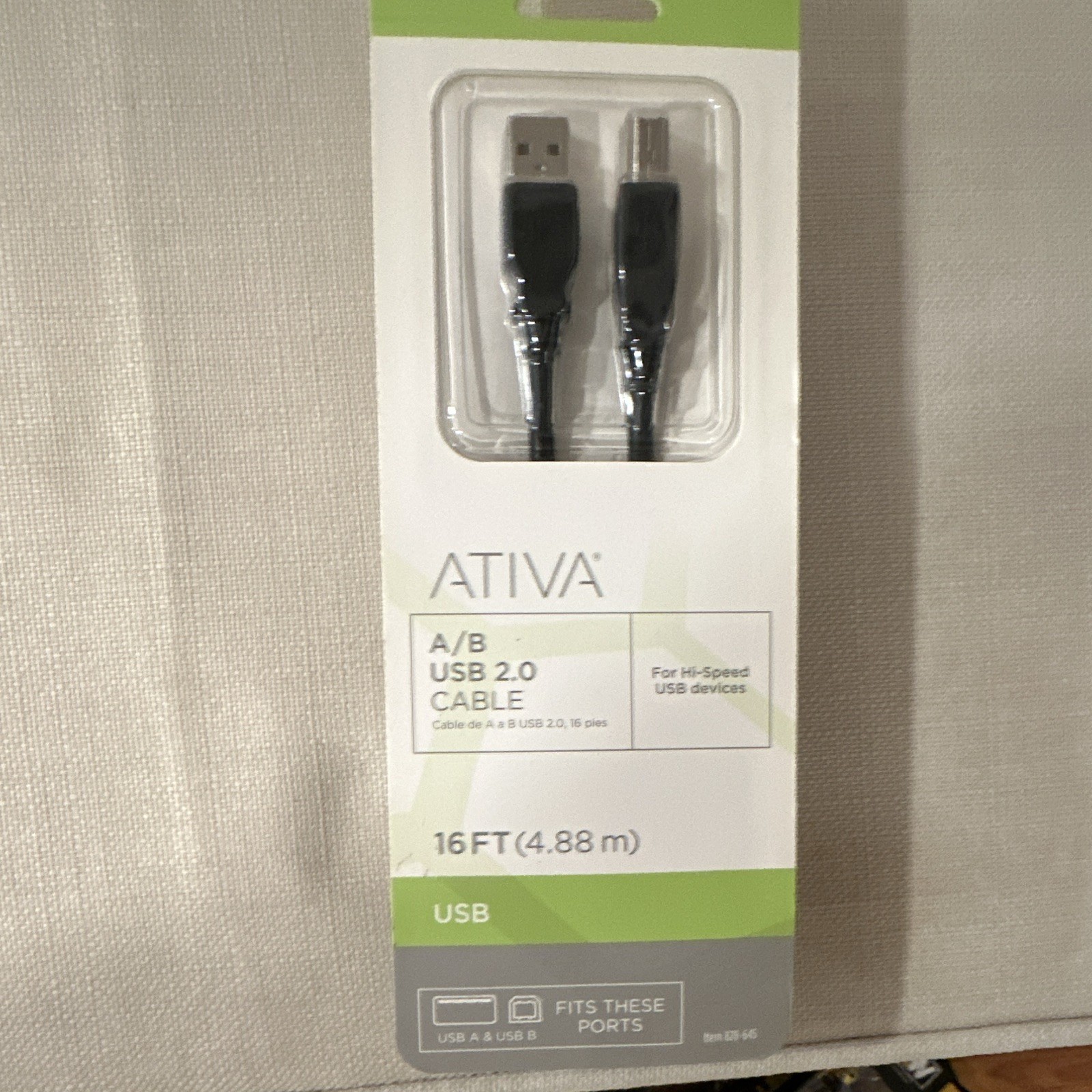 Ativa A/B USB 2.0 Plug 16 Foot Cable Black New In Package