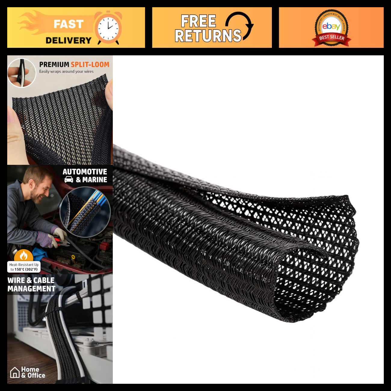High-Temperature Braided Split-Sleeve Wire Loom 10ft for Automotive & Cable Mana