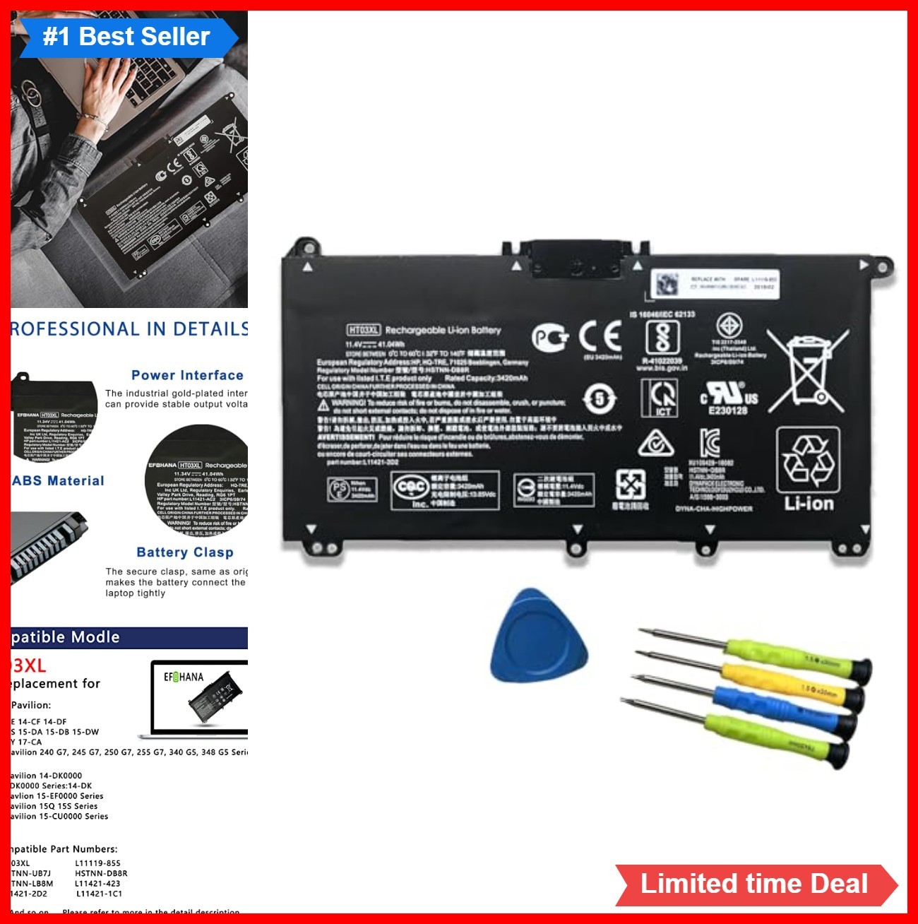 Laptop Battery 11.4V 41.04Wh 3420mAh Li-ion Black Rechargeable Replacement for