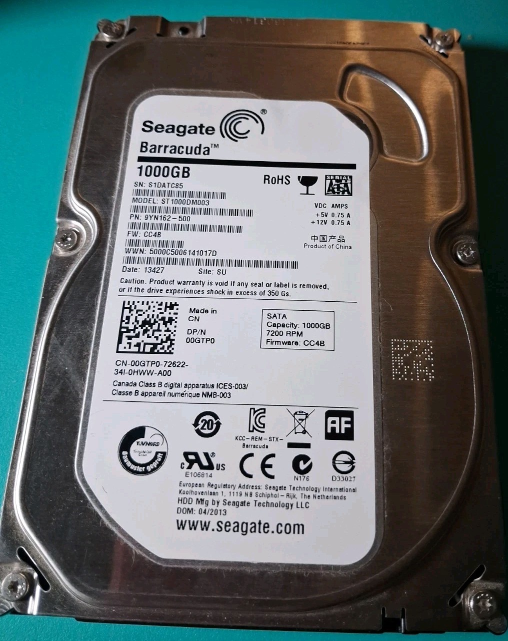 Seagate 1TB 3.5" SATA Hard Drive ST1000DM003 PN 1ER162-541 7200RPM