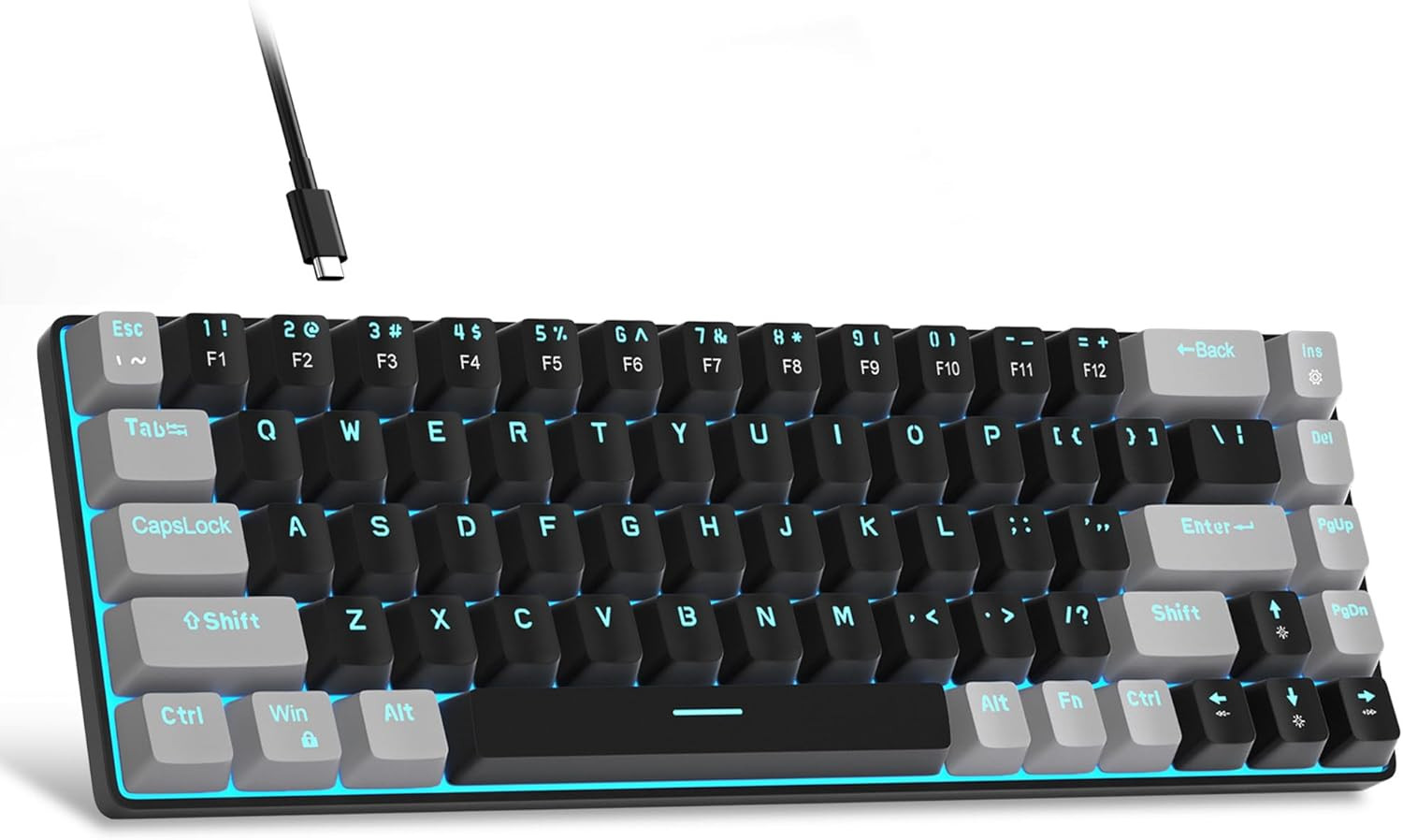 60% Mechanical Gaming Keyboard, LED Backlit, 68 Keys, Blue Switch, Wired, Gre...