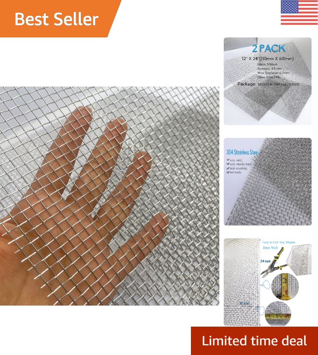 5 Mesh Design 12" x 24" 304 Stainless Steel Screen - Strong & Heat Resistant