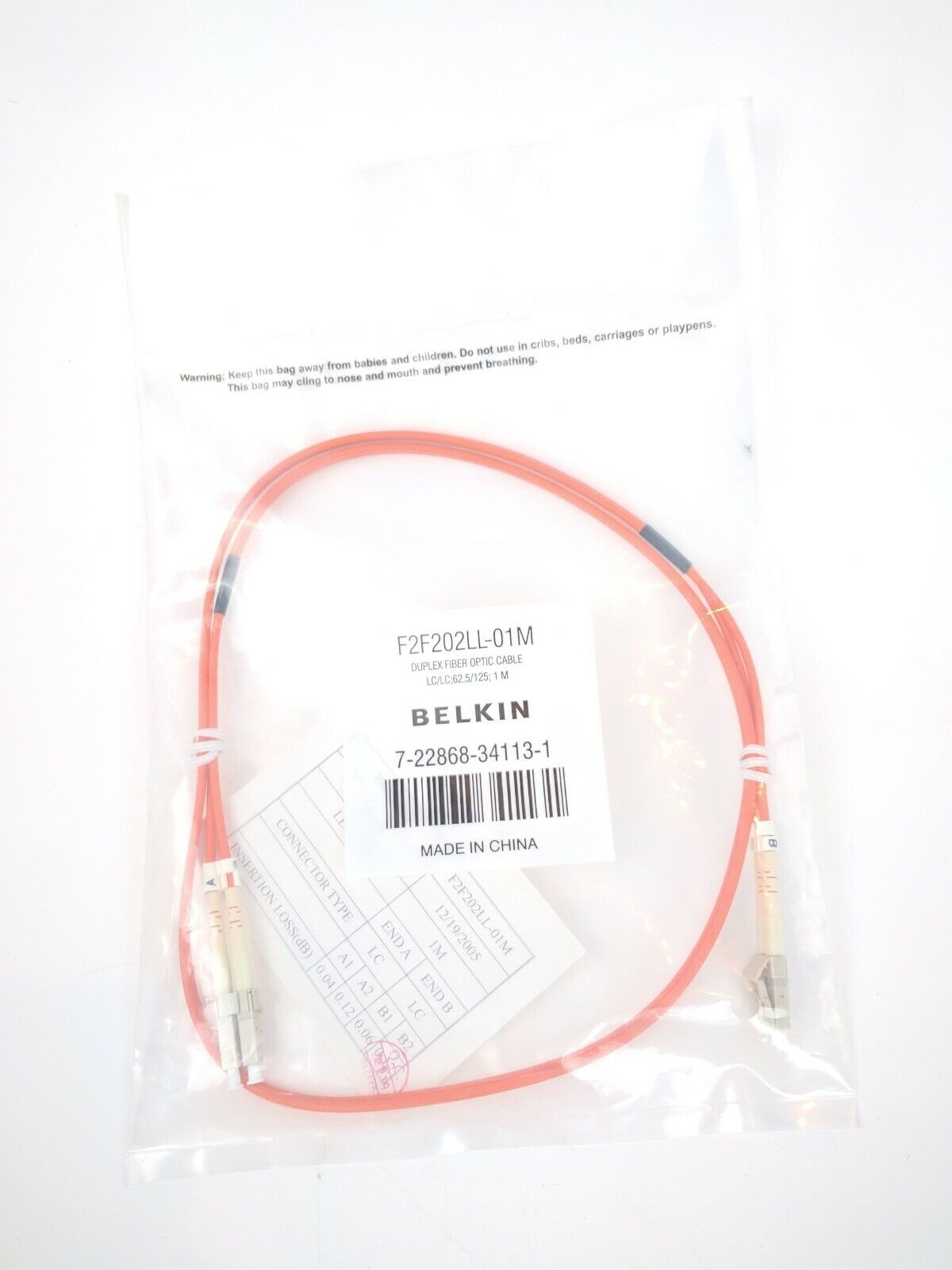 New Belkin Duplex Fiber Optic Patch Cable 