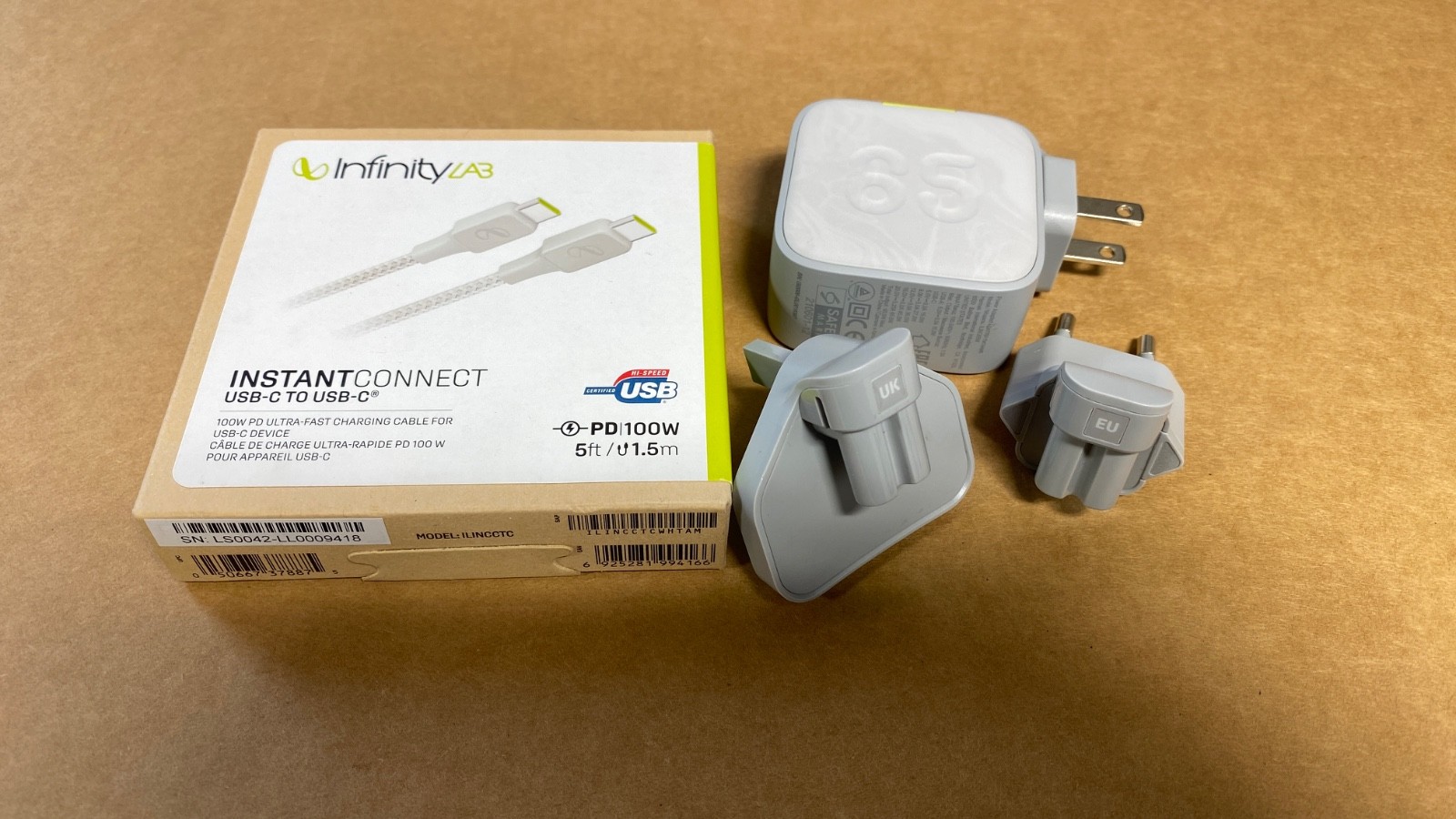 INFINITY LAB InstantCharger 65W 2 USB, Powerful USB-C & USB-A + USB-C CBL NIB OB