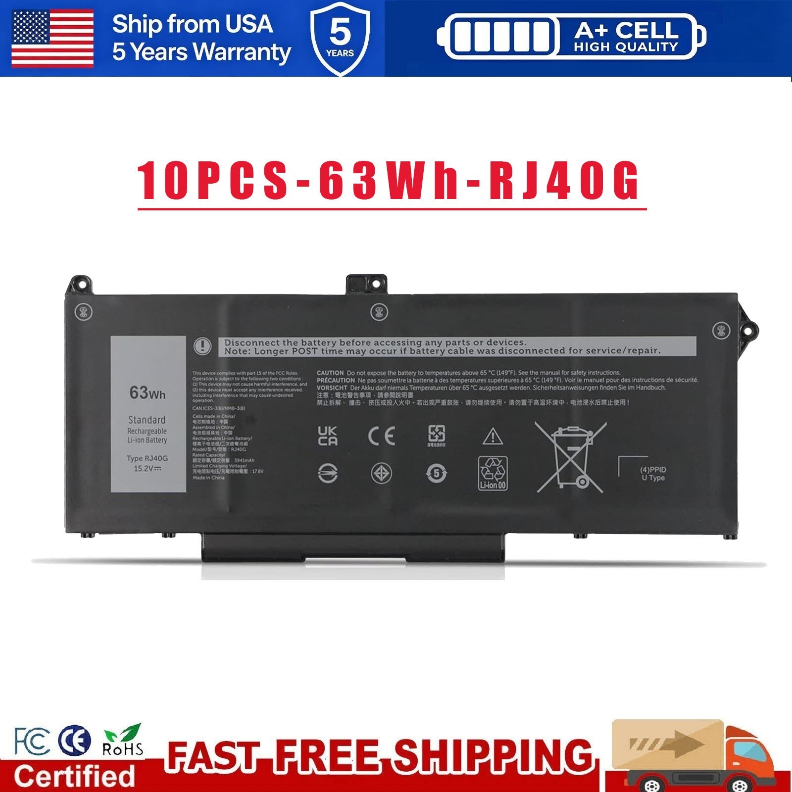 10PCS RJ40G M033W Battery For Dell Latitude 5420 5520 Precision 3560 63Wh 15.2V
