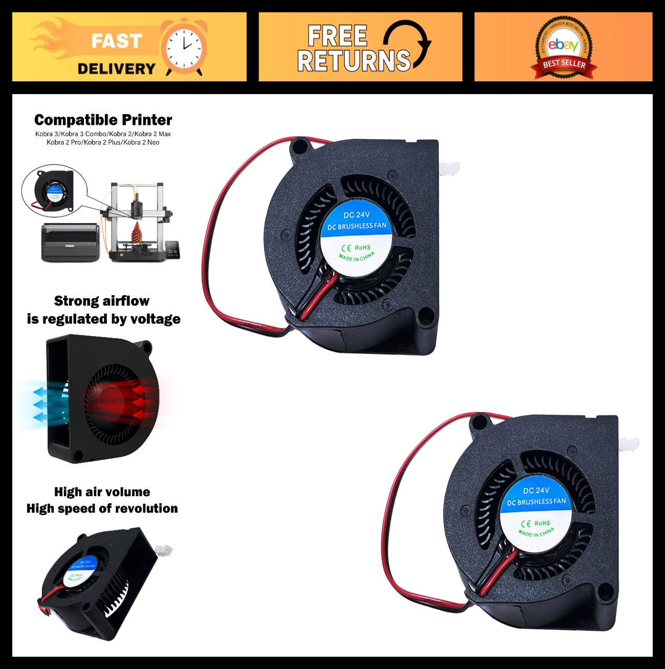 2PCS 5020 DC 24V Axial Cooling Fans for 3D Printer Hotend & Heat Sink - Kobra Se
