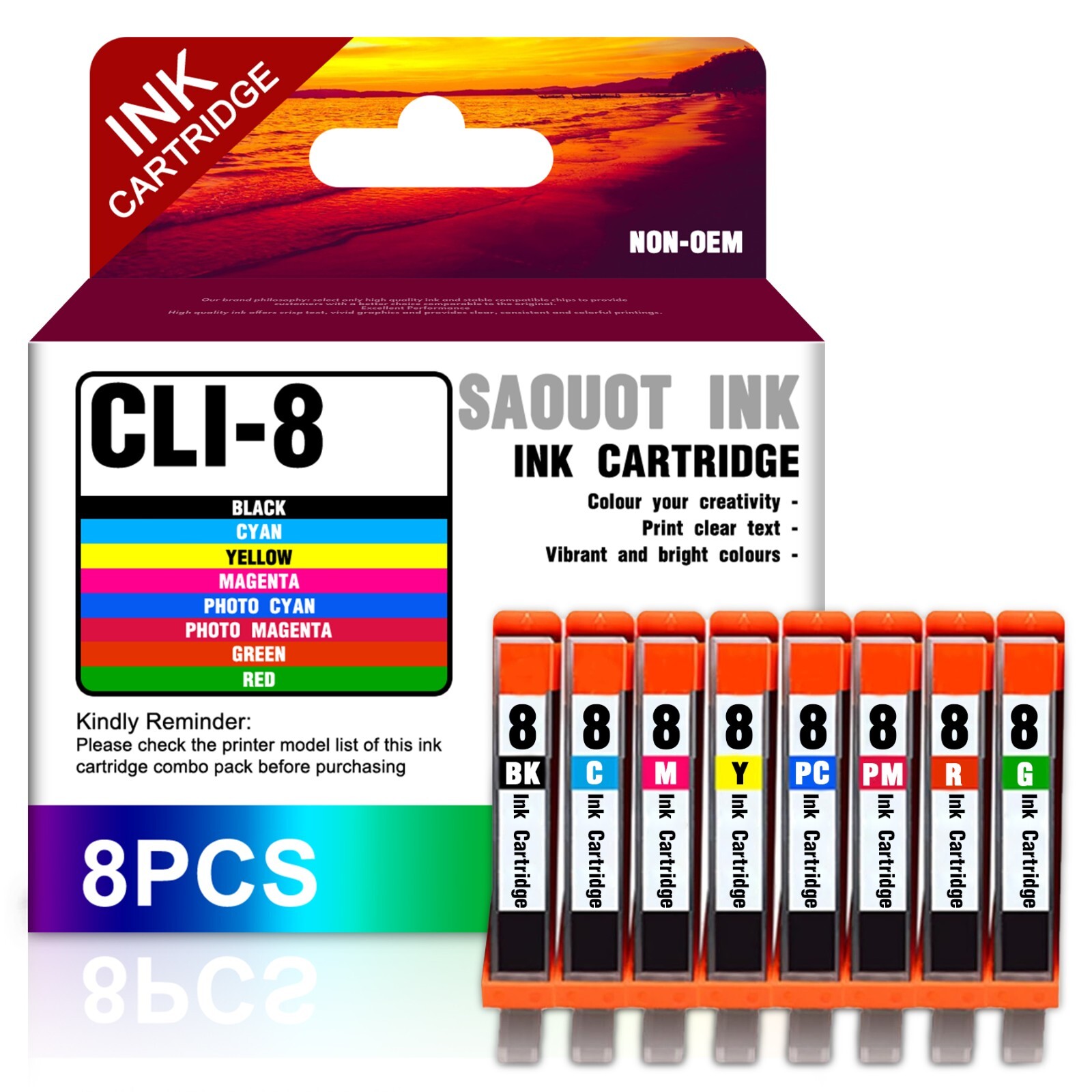Replacement CLI-8 8-Color Ink for Canon Pixma iP5200R iP5200 Mark II (8-Pack)