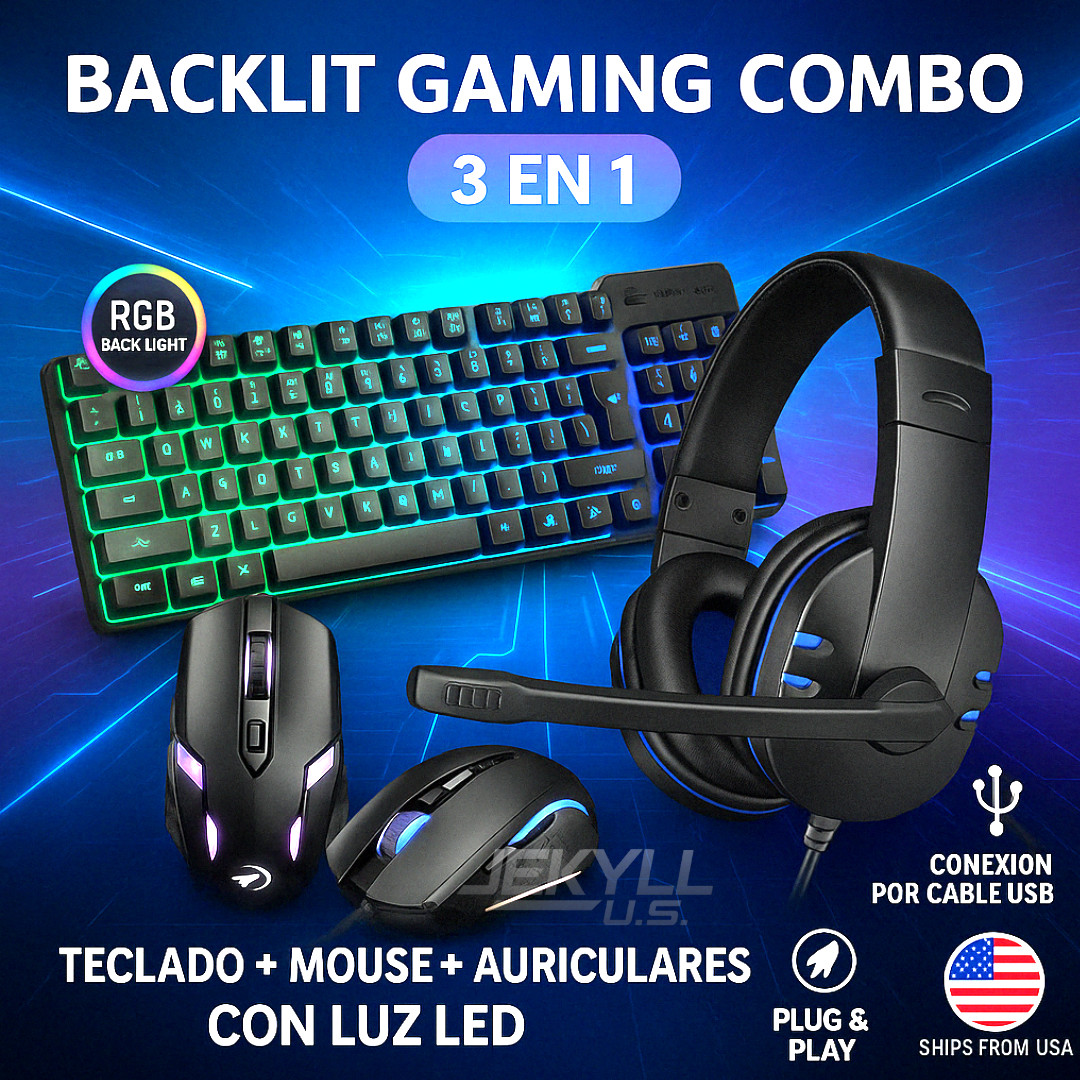 Teclado y Mouse Multicolor LED con Audifonos Para Gamer Gaming Juegos Combo 3Pcs