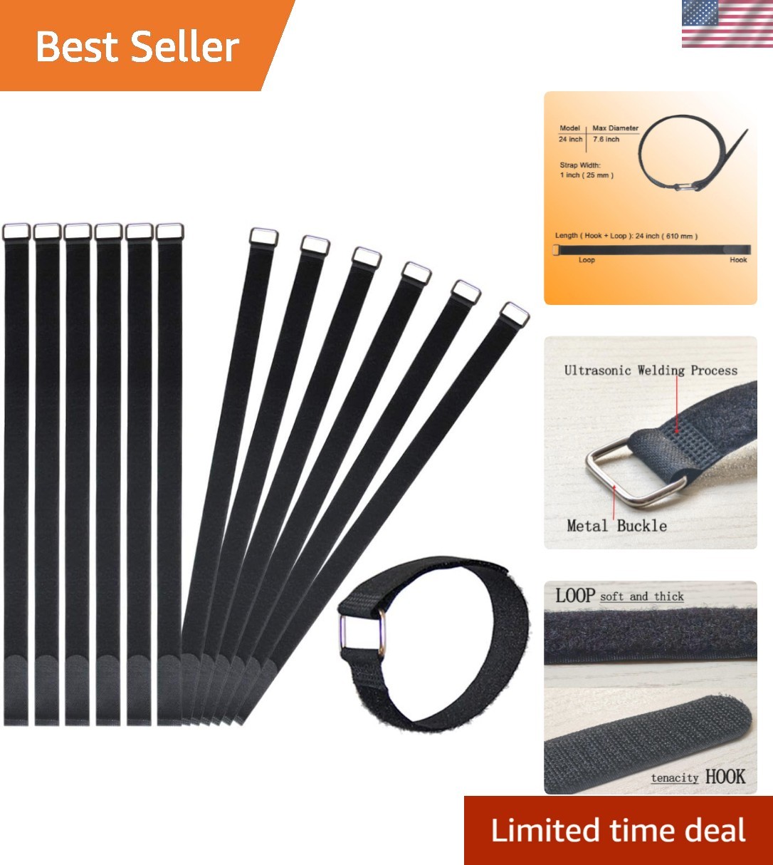 12 Pack 24 Inch Reusable Fastening Cable Straps Hook and Loop Cinch Cable Ties