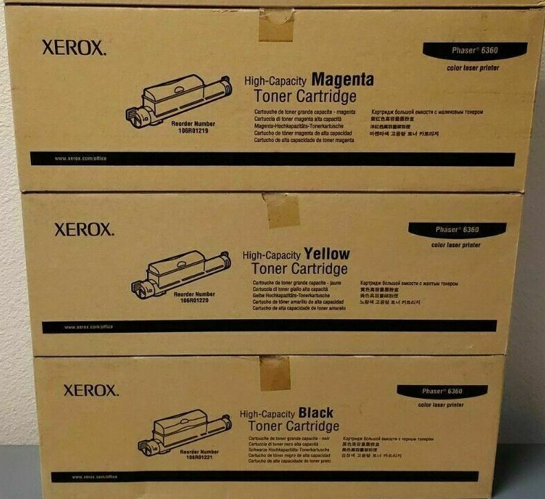 3 Genuine Sealed Xerox 106R01221 BLK 106R01220 YLW 106R01219 MAG Toners 6360 