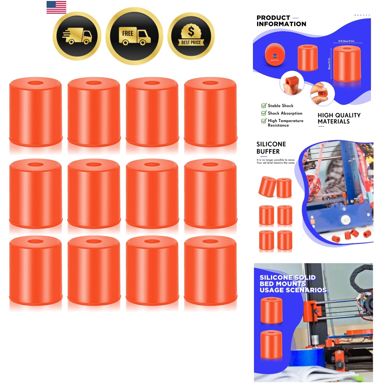 3D Printer Bed Mounts Silicone Heatbed Parts Compatible with CR-10 Ender 3 12pcs