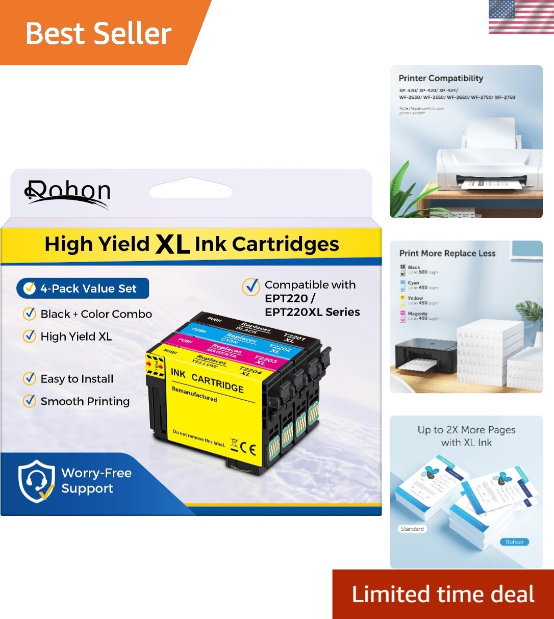 Reliable 4-Pack High Yield Ink Cartridges for Multiple Printer Models Included