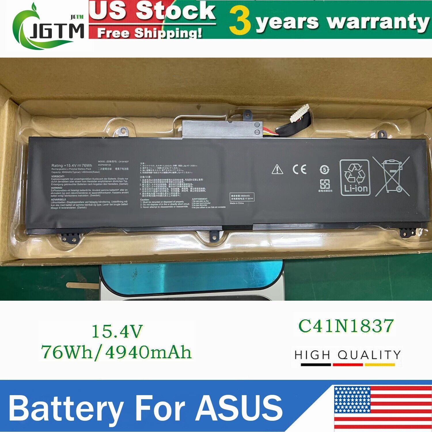 C41N1837 Battery For ASUS ROG Zephyrus G15 GA502 M15 GU502G S15 GX502 76Wh 15.4V